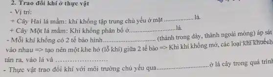 2. Trao đổi khí ở thực vật
- Vị trí:
t Cây Hai lá mầm : khí không tập trung chủ yếu ở mặt
__ lá.
+ Cây Một lá mầm:Khí khổng phân bố ở __ lá.
- Mỗi khí không có 2 tế bào hình __
(thành trong dày thành ngoài mỏng)áp sát
vào nhau=gt tunderset (.)(a)o nên một khe hở (lỗ khí) giữa 2 tế bào Longrightarrow 
Khi khí khổng mở các loại khi khuếch
tán ra. vào lá và __ 11111 ..........
- Thực vật trao đổi khí với môi trường chủ yếu qua
__
ở lá cây trong quá trình