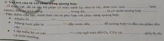 2. Vai trò của lá với chức nǎng quang hợp.
- Ở
thực vật, tất cả các bộ phận có màu xanh lục như lá cây, thân non.quả __ (quả
xanh), đều có khả nǎng ......	..... trong đó, .....	.... là cơ quan quang hợp __ __	__
- Đặc điểm cấu tạo hình thái của lá phù hợp với chức nǎng quang hợp:
Phiacute (hat (e))n lgrave (a)ldots ldots ldots ldots ldots ldots ldots ldots ldots ldots ldots ldots ldots ldots ldots ldots ldots ldots ldots ldots ldots ldots ldots ldots ldots ldots ldots ..
Mạng lưới gân lá __ => dẫn nước đến __ để quang hợp và dẫn sản phẩm đến
cacute (a)cldots ldots ldots ldots ldots ldots ldots 
Lớp biểu bì có các __ => cửa ngõ trao đổi O_(2),CO_(2) và __ giữa lá cây
và môi trường.