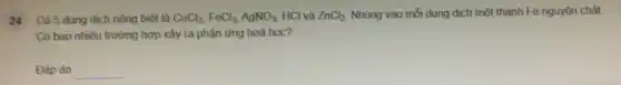 24
Có 5 dung dịch riêng biệt là CuCl_(2),FeCl_(3),AgNO_(3) HCl và ZnCl_(2) Nhúng vào mỗi dung dịch một thanh Fe nguyên chất.
Có bao nhiêu trường hợp xảy ra phản ứng hoá học?
__