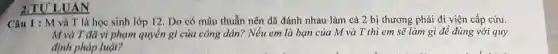 2.TU' LUÂN
Câu 1 : M và T là học sinh lớp 12. Do có mâu thuẫn nên đã đánh nhau làm cả 2 bị thương phải đi viện cấp cứu.
M và T đã vi phạm quyền gì của công dân? Nếu em là bạn của M và T thì em sẽ làm gì để đúng với quy
định pháp luật?