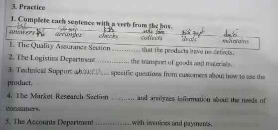 3. Practice
1. Comp lete each sentenc e with a verb from the box.
answers arranges
checks	collects gift as
maintains
day ti
1. The Qualit y Assuranc e Section
__ tha t the produ acts have no defects.
2.The Logistics Den artment __ the transpo rt of goo ds and mate rials.
B.Technical Support __
.. specific questions from customer s about how to use the
product.
4.The Market Research Section __ and analyzes informatior about the needs of
consumers.
5.The Accounts Der artment.. __ .with invo ices and payments.