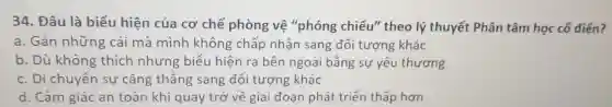 34. Đâu là biểu hiện của cơ chế phòng vệ "phóng chiếu" theo lý thuyết Phân tâm học cố điến?
a. Gán những cái mà mình không chấp nhận sang đối tượng khác
b. Dù không thích nhưng biểu hiện ra bên ngoài bằng sự yêu thương
c. Di chuyển sự cǎng thẳng sang đối tượng khác
d. Cảm giác an toàn khi quay trở về giai đoạn phát triển thấp hơn