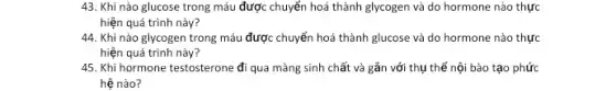 43. Khi nào glucose trong máu được chuyển hoá thành glycogen và do hormone nào thực
hiện quá trình này?
44. Khi nào glycogen trong máu được chuyển hoá thành glucose và do hormone nào thực
hiện quá trình này?
45. Khi hormone testosterone đi qua màng sinh chất và gắn với thụ thể nội bào tạo phức
hệ nào?