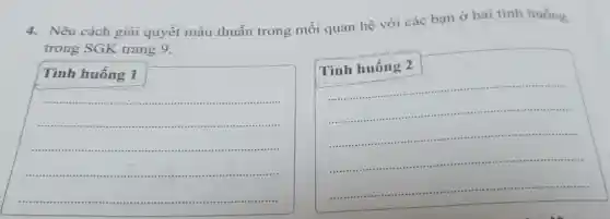 4.Nêu cách giải quyết mâu thuẫn trong mối quan hệ với các bạn ở hai tình huống
trong SGK trang 9.
Tình huống 1
__
Tình huống 2
__