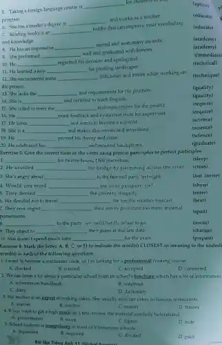 5. Taking a foreign language course is
__
for students in this
program.
(option)
7. Reading books is an
__
hobby that can improve your vocabulary
and knowledge.
(educate)
6. She has a master's degree in
__
and works as a teacher.
(educate)
9. She performed __
well and graduated with honors.
(academy)
8. He has an impressive
__
record and won many awards.
(academy)
(immediate)
10.He __
regretted his decision and apologized.
(technical)
11. He learned a new __ for painting landscapes.
12. She encountered some __
difficulties and errors while working on
the project.
(technique)
(qualify)
13. She lacks the __ and requirements for the position.
15. She failed to meet the __ and expectations for the project.
(require)
14. She is __ and certified to teach English.
(qualify)
16. He __ more feedback and evaluation from his supervisor.
(require)
17. He loves __ and wants to become a scientist.
(science)
18. She is a __ and makes discoveries and inventions.
(science)
19. He __ proved his theory and claim.
(science)
20. He celebrated his __ and received his diploma.
(graduate)
Exercise 3: Give the correct form of the verbs using present participles or perfect participles.
1. __ for twelve hours , I felt marvelous.	(sleep)
(cross)
2. He avoided __ the bridge by swimming across the river.
3. She's angry about __ to the farewell party last night.
(not, invite)
4. Would you mind __ me your passport sir?
(show)
5. Tney denied __ the country illegally.
(enter)
6. We decided not to travel, __ theoreman the terrible weather forecast.
(hear)
7. They now regret __ their son by providing too many material
possessions.
8. __ to the party,we could hardly refuse to go.
(invite)
9. They object to __ their plans at this late date.
(change)
10. Mai doesn't spend much time __ for the exam.
(prepare)
Exercise 4: Mark the letter A, B, C or D to indicate the word(s)CLOSEST in meaning to the underli
word(s) in each of the following questions.
1. I want to become a restaurant cook, so I'm looking for a professional cooking course.
A. checked
B. trained
C. accepted
D. connected
2. We can learn a lot about a particular school from its school's brochure which has a lot of information.
A. information handbook
B. notebook
C. diary
D. dictionary
3. My mother is an expert at making cakes. She usually sells her cakes to famous restaurants.
A. learner
B. teacher
C. master
D. trainer
4. If you want to get a high mark on a test, review the material carefully beforehand.
C. figure
A. performance
B. score
D. note
5. School uniform is compulsory in most of Vietnamese schools.
A. depended
B. required
C. divided
D. paid
Bài tập Tiếng Anh 11 (Global success