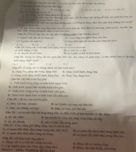 (6) Ech đưc kêu vào mùa sinh sản (7)Xiéc chó làm toàn (8) Ve kêu vào mua he
Nhitry tập tinh nào là tập tính bấm sinh?
A. (1), (3)(6), (8)
B. (1), (2), (6)(8)
C. (1), (3), (5)(8)
D. (1), (3), (6 ), (7)
Chu 23: Khou gide có vai trò:
A. giup động vật giữ thǎng bằng khi đi chuyển.
B. giy ra nhiều phân ứng như đánh giá trượt ngã, giữ vật chính xác không để tuột, rơi, nuốt khi thức ǎn
trong miệng đã nhỏ và tạo thành viên.
C. giúp động vật chọn lựa loại thức An an được và không ǎn được, đàm bảo chất dinh dưỡng cho cơ thể
tồn tại và phát triển.
D. gáy nhiều phàn ứng khác nhau như tìm kiếm thức ǎn,chọn thức ǎn phù hợp, tránh kẻ thù,tim đến bạn
tình, định hướng đường đi, nhận ra con mới sinh.
Câu 24: Cho các tập tính sau, tập tính nào không phải là tập tính học được?
(1) người thấy đèn đỏ thì dừng lại.
(2) Chuột chạy khi nghe tiếng mèo kêu.
(3) Ve kêu vào mùa hè.
(4) Học sinh nghe kể chuyển cảm động thi khóC.
A. (2)
B. (3)
C. (1)
D. (4)
Câu 25: Động vật có hệ thần kinh dạng lưới khi bị kích thich thi
A. duỗi thằng cơ thể.
B. co toàn bộ cơ thể.
C. di chuyển đi chỗ kháC.
D. co ở phần cơ thể bị kích thich.
Câu 26: Trong các động vật sau: giun dẹp, thủy tức, đỉa,trùng roi, giun tròn Có bao nhiêu loài có hệ thần
kinh dạng chuỗi hạch?
A. 1
B. 3
C. 4
D. 5
Câu 27: Ở động vật có những nhóm hệ thần kinh nào?
A. Dạng ống, dạng tập trung, dạng lưới.
B. Dạng chuỗi hạch dạng ống.
C. Dạng lưới, dạng chuỗi hạch, dạng ống.D. Dạng ống, dạng lưới.
Câu 28: Hệ thần kinh ống gồm
A. Thần kinh trung ương và thần kinh ngoại biên.
B. Thần kinh ngoại biên và thần kinh cảm giáC.
C. Thần kinh trung ương và thần kinh cảm giáC.
D. Thấn kinh ngoại biên và thần kinh đối cảm giáC.
Câu 29: Cấu tạo của neuron gồm
A. thân, sợi trục,synapse.
B. sợi nhánh, sợi trục, sợi liên kết.
C. thân, sợi nhánh, sợi trụC.
D. thân, sợi trục,sợi liên kết.
Câu 30: Lan truyền điện thế hoạt động trên sợi thần kinh có bao myelin có đặc điểm
A. tốc độ chậm.
C. tốc độ nhanh.
B. lan truyền từ vùng này sang vùng khác kế tiếp.
D. cần có chất dần trung gian.
Câu 31: Chức nǎng giữ thǎng bằng của cơ thể là nhờ:
A. cơ quan tiền đình nằm trong trung khu thần kinh.
B. cơ quan tiền đình nằm trong hành não.
C. cơ quan tiền đình nằm trong tai trong.
D. cơ quan tiền đình nằm trong tiểu não.
Câu 32: Hệ thần kinh ống gặp ở:
A. Động vật có cơ thể đối xứng tóa tròn.
C. Các ngành giun như Giun dẹp, Giun tròn.
B. Động vật có xương sống.
D. Động vật chân khớp, côn trùng.
PHÀN 2 : TRẮC NGHIỆM DUNG SAI