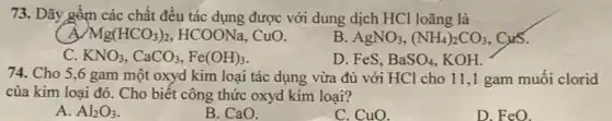 73. Dãy gồm các chất đều tác dụng được với dung dịch HCl loãng là
(A Mg(HCO_(3))_(2) HCOONa, CuO.
B. AgNO_(3),(NH_(4))_(2)CO_(3) . CuS.
C. KNO_(3),CaCO_(3),Fe(OH)_(3)
D. FeS, BaSO_(4) KOH.
74. Cho 5.6 gam một oxyd kim loại tác dụng vừa đủ với HCl cho 11,1 gam muôi clorid
của kim loại đó.. Cho biết công thức oxyd kim loại?
A. Al_(2)O_(3)
B. CaO.
C. CuO.
D. FeO.