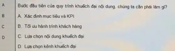 A
B
Buôc đầu tiên của quy trình khuếch đại nội dung, chúng ta cần phải làm gì?
A. Xác định mục tiêu và KPI
B. Tối ủu hành trình khách hàng
C. Lýa chọn nội dung khuếch đại
D. Lựa chọn kênh khuếch đai