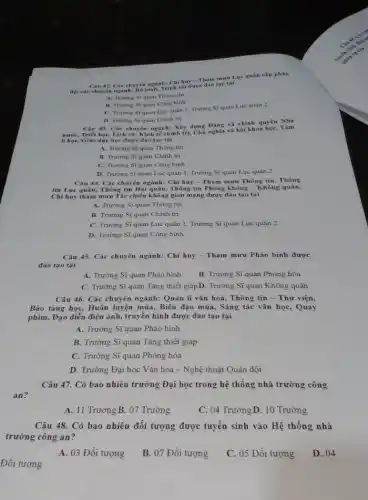 an?
Đối tượng
Chi huy - Tham mưu Lục quân cấp phân
Câu 42. Các chuyên ngày trình sát được đào tạo tai
A. Trường Siquan Thông tin
B. Trường Síquan Cong binh
C. Trương Si quan Lục quân 1, Trường Siquan Luc quân 2
D. Trường Síquan Chinh tri
43. Các chuyên ngành:Xây dựng Đảng và chính quyền Nhà
nước, Triết học,Lịch sử, Kinh tế chính trị Chủ nghĩa xã hội khoa học, Tâm
lí bọc, Giáo dục học được đào tạo tại
A. Trường Sĩquan Thong tin
B. Trường ST quan Chinh tri
C. Trường Sĩ quan Công binh
D. Trường Si quan Lục quân 1, Trường Síquan Lục quân 2
Câu 44. Các chuyên ngành: Chỉ huy - Tham mưu Thông tin, Thông
tin Lục quân, Thông tin Hãi quân, Thông tin Phòng không - Không
Chi huy tham mưu Tác chiến không gian mạng được đào tạo tại
A. Trường Sĩquan Thông tin
B. Trường Sĩ quan Chinh tri
C. Trường Sĩ quan Lục quân 1, Trường Sĩ quan Lục quân 2
D. Trường Sĩquan Công binh
Câu 45. Các chuyên ngành: Chỉ huy -Tham mưu Pháo binh được
đào tạo tại
A. Trường Sĩ quan Pháo binh
B. Trường Sĩ quan Phòng hóa
C. Trường Sĩ quan Tǎng thiết giáp D.. Trường Sĩ quan Không quân
Câu 46. Các chuyên ngành: Quản lí vǎn hoá, Thông tin - Thư viện,
Bão tàng học, Huấn luyện múa, Biên đạo múa, Sáng tác vǎn học, Quay
phim, Đạo diễn điện ảnh, truyền hình được đào tạo tại
A. Trường Sĩ quan Pháo binh
B. Trường Sĩ quan Tǎng thiết giáp
C. Trường Sĩ quan Phòng hóa
D. Trường Đại học Vǎn hoá - Nghệ thuật Quân đội
Câu 47. Có bao nhiêu trường Đại học trong hệ thống nhà trường công
A. 11 Trường B.. 07 Trường
C. 04 Trường D . 10 Trường
Câu 48. Có bao nhiêu đối tượng được tuyến sinh vào Hệ thống nhà
trường công an?
A. 03 Đối tượng
B. 07 Đối tượng
C. 05 Đối tượng
D. 04