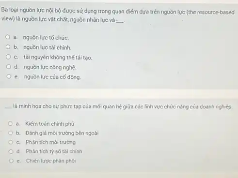 Ba loại nguồn lực nội bộ được sử dụng trong quan điểm dựa trên nguồn lực (the resource-based
view) là nguồn lực vật chất, nguồn nhân lực và __
a. nguồn lực tố chức.
b. nguồn lực tài chính
c. tài nguyên không thế tái tạo.
d. nguồn lực công nghệ.
e. nguồn lực của cố đông.
__ là minh họa cho sự phức tạp của mối quan hệ giữa các lĩnh vực chức nǎng của doanh nghiệp.
a. Kiếm toán chính phủ
b. Đánh giá môi trường bên ngoài
c. Phân tích môi trường
d. Phân tích tỷ số tài chính
e. Chiến lược phân phối