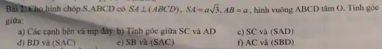 Bài 2: Cho hình chóp S ABCD có SAbot (ABCD),SA=asqrt (3),AB=a , hình vuông ABCD tâm O.Tính góc
giữa:
a) Các cạnh bên và mp đáy b)Tính góc giữa SC và AD
c) SC và (SAD)
d) BD và (SAC)
e) SB và (SAC)
f) AC và (SBD)