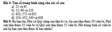 Bài 4: Tìm số trung bình cộng của các số sau
a) 25 vả 45
b) 15; 60 và 120
c) 423; 572 và 625
d) 254;452; 540 và 626
Bài 5: Ba bạn An, Phú và Quý cùng sưu tầm bi ve, An sưu tầm được 30 viên bi Phú
sưu tâm được 35 viên bi và Quý sưu tấm được 55 viên bi. Hỏi trung binh số viên bi
mà ba bạn sưu tầm được là bao nhiêu?