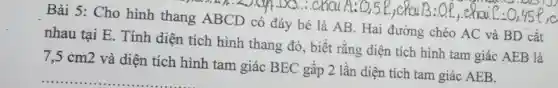 Bài 5: Cho hin h thang ABCD có đá y bé là AB . Hai đường chéo AC và BD cắt
...cha 1A:0.5.e,chai B:Of,chai l:0,45l,0
nhau tại E.Tính diện tic h hình thang đó, biế t rằng diê n tích hình tam giác AEB là
7,5cm2
và diện tích hin h tan ngiá c BE C gấp 2 lần diệ n tích tam giác AEB.