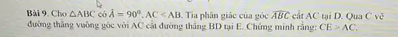 Bài 9. Cho Delta ABC có hat (A)=90^circ ,AClt AB Tia phân giác của góc hat (ABC) cắt AC tại D.Qua C vẽ
đường thǎng vuông góc với AC cắt đường thǎng BD tại E Chứng minh rằng: CEgt AC