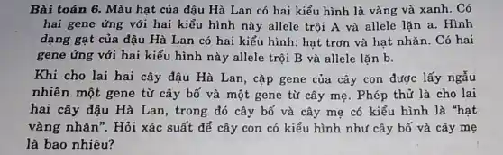 Bài toán 6.Màu hat của đậu Hà Lan có hai kiểu hình là vàng và xanh . Có
hai gene ứng với hai kiểu hình này allele trội A và allele lǎn a. Hình
dạng gạt của đậu Hà Lan có hai kiểu hình:hat trơn và hat nhǎn. Có hai
gene ứng với hai kiểu hình này allele trội B và allele lǎn b.
Khi cho lai hai cây đậu Hà Lan, cặp gene của cây con được lấy ngẫu
nhiên một gene từ cây bố và một gene từ cây mẹ. Phép thử là cho lai
hai cây đậu Hà Lan, trong đó cây bố và cây mẹ có kiểu hình là "hat
vàng nhǎn". Hỏi xác suất để cây con có kiểu hình như cây bố và cây me
là bao nhiêu?