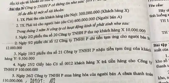 . Bài tập 9} Công ty TNHH P có thông tin như sau:
Số dư đầu kỳ một số tài khoản:
1. TK Phải thu của khách hàng (dư Nợ): 300.000.000 (Khách hàng X)
2. TK Phài trà cho người bản (dư Có) 600.000.000 (Người bán A)
Trong tháng 2 nǎm N công ty có hoạt động kinh tế phát sinh như sau:
1. Ngày 2/2 phiếu thu số 20 Công ty TNHH P thu nợ khách hàng X 10.000 .000
12.000 .000
2. Ngày -5/2
phiếu chi số 12 Công ty TNHH P chi tiền tạm ứng cho người bán B.
3. Ngày 10/2
phiếu thu số 21 Công ty TNHH P nhận tiền tạm ứng của khách hàng Y:9.500.000
4. Ngày 25/2
Giấy báo Có số 0012 khách hàng X trả tiền hàng cho Công ty TNHH P100.000.000
5. Ngày 26/2
Công ty TNHH P mua hàng hóa của người bán A chưa thanh toán 110.000.000
đầu kỳ các tài khoản cơ
Yêu cầu: