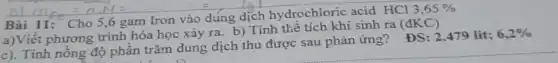 Bài
Trí =ndl=am tron vào dung dịch hydrochloric acid HCl 3,65% 
a)Viết phương trình hóa học xảy ra.b) Tính thể tích khí sinh ra (đKC)
c). Tính nồng độ phần trǎm dung dịch thu được sau phản ứng? ĐS:2.479 lit;
6,2% 
__