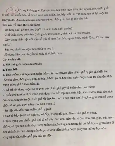 Đề bài:)Trong không gian lớp học, một học sinh nghe thấy tâm sự của một chiếc ghế
bị gầy với chiếc bàn về hoàn cảnh của mình. Em hãy viết bài vǎn sáng tạo kể lại cuộc trò
chuyện đó. Qua câu chuyện, em rút ra được những bài học gì cho bản thân.
Yêu cầu về hình thức, kĩ nǎng
- Sử dụng ngôi kể phù hợp (ngôi thứ nhất hoặc ngôi thứ ba).
- Giới thiệu được bối cảnh (thời gian, không gian), nhân vật và câu chuyện.
- Xây dựng nhân vật với một số yếu tố như (lai lịch,ngoại hình, hành động,lời nói, suy
nghĩ...)
- Sắp xếp chuỗi sự kiện theo trình tự hợp lí.
- Sử dụng hiệu quả các yếu tố miêu tả và biểu cảm.
Gọi ý cách viết:
1. Mở bài: giới thiệu câu chuyện
2. Thân bài:
a. Tình huống một học sinh nghe thấy cuộc trò chuyện giữa chiếc ghế bị gãy và chiếc bàn:
-Không gian, thời gian,tình huống cô bé cậu bé học sinh nghe được cuộc trò chuyện, tình
trạng chiếc ghế ở thời diểm đó.
b. Kể lại nội dung cuộc trò chuyện của chiếc ghế gãy về hoàn cảnh của minh:
- Chiếc ghế nhớ lại thời mình mới được đưa đến lớp học:chất liệu, kích thước,màu sắc, thái
độ của mọi người (một chiếc ghế rất đẹp, bao bọc là một màu sơn bóng loáng và mùi gỗ thơm
phức, được yêu quý,nâng niu, trân trọng...)
- Sự việc dẫn đến việc chiếc ghế bị gãy:
+
Các cô bé, cậu bé nô nghịch, xô đẩy, không giữ gìn ...làm chiếc ghế bị hỏng
__
+
Tâm trạng của chiếc ghế khi bị xô gãy: đau đớn, kêu rên vì đau đớn;tức giận, oán trách
những cô cậu học sinh vô ý thức; buồn chán, lo lắng cho tương lai có thể bị mang vào kho để
sửa chữa hoặc nếu không sửa được sẽ vĩnh viễn không được quay trở lại lớp học nữa
-Suy nghĩ của chiếc ghế gãy sau sự việc: