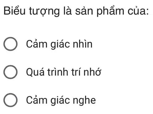 Biểu tượng là sản phẩm của:
Cảm giác nhìn
Quá trình trí nhớ
Cảm giác nghe