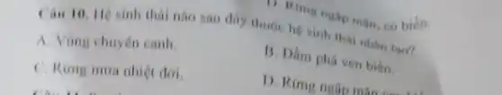 có biển.
Cau 10. Hệ sinh thái nào sau đây thuộc he sinh tha nhân tao?
A. Vùng chuyên canh.
C. Rừng mura nhier đới.
B. Dầm phá ven biến.