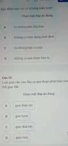 Đặc điếm nào chi có ở trùng biến hinh?
Chọn một đáp án đúng
A Có không bào tiêu hóa
A
B B
Không có hình dạng nhất định
) Có không bào co bóp
Không có giai đoạn bào tử D
Câu 15
Loài giun nào sau đây có giai đoạn phát triển tror
thể giun đất
Chọn một đáp án đúng
A ) giun thận lợn
B
giun lươn
B
C C
giun đũa lợn
D
D
giun móc