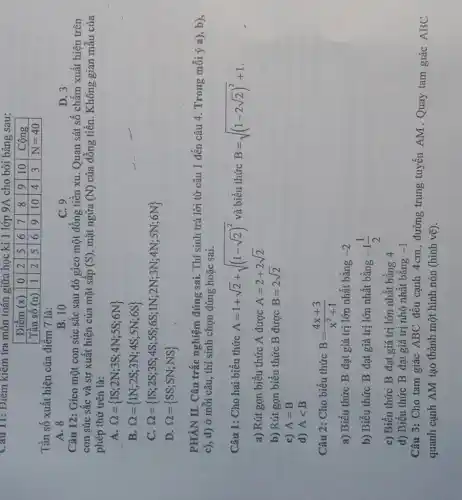 Cau 11: Điêm kiêm tra môn toán giữa học kì 1 lớp 9 mathrm(~A) cho bởi bảng sau:

 Điểm (mathrm(x)) & 0 & 2 & 5 & 6 & 7 & 8 & 9 & 10 & Cộng 
 Tần số (mathrm(n)) & 1 & 2 & 5 & 6 & 9 & 10 & 4 & 3 & mathrm(~N)=40 


Tần số xuất hiện của điểm 7 là:
A. 8
B. 10
C. 9
D. 3
Câu 12: Gieo một con súc sắc sau đó gieo một đồng tiền xu. Quan sát số chấm xuất hiện trên con súc sắc và sự xuất hiện của mặt sấp (S), mặt ngửa (mathrm(N)) của đồng tiền. Không gian mẫu của phép thử trên là:
A. Omega=1 mathrm(~S) ; 2 mathrm(~N) ; 3 mathrm(~S) ; 4 mathrm(~N) ; 5 mathrm(~S) ; 6 mathrm(~N)) 
B. Omega=1 mathrm(~N) ; 2 mathrm(~S) ; 3 mathrm(~N) ; 4 mathrm(~S) ; 5 mathrm(~N) ; 6 mathrm(~S)) 
C. Omega=1 mathrm(~S) ; 2 mathrm(~S) ; 3 mathrm(~N) ; 4 mathrm(~S) ; 5 mathrm(~N) ; 6 mathrm(~S)) 
D. Omega=S S ; S N ; N S 
PHÀN II. Câu trắc nghiệm đúng sai. Thí sinh trả lời từ câu 1 đến câu 4. Trong mỗi ý a), b), c), d) ở mỗi câu, thí sinh chọn đúng hoặc sai.
Câu 1: Cho hai biểu thức mathrm(A)=1+sqrt(2)+sqrt((1-sqrt(2))^2) và biểu thức mathrm(B)=sqrt((1-2 sqrt(2))^2+1) .
a) Rút gọn biểu thức mathrm(A) được mathrm(A)=2+2 sqrt(2) 
b) Rút gọn biểu thức mathrm(B) được mathrm(B)=2 sqrt(2) 
c) mathrm(A)=mathrm(B) 
d) mathrm(A)<mathrm(B) 
Câu 2: Cho biểu thức mathrm(B)=(4 mathrm(x)+3)/(mathrm(x)^2+1) 
a) Biểu thức mathrm(B) đạt giá trị lớn nhất bằng -2
b) Biểu thức mathrm(B) đạt giá trị lớn nhất bằng -1 (1)/(2) 
c) Biểu thức mathrm(B) đạt giá trị lớn nhất bằng 4
d) Biểu thức mathrm(B) đạt giá trị nhỏ nhất bằng -1
Câu 3: Cho tam giác mathrm(ABC) đều cạnh 4 mathrm(~cm) , đường trung tuyến mathrm(AM) . Quay tam giác mathrm(ABC) quanh cạnh mathrm(AM) tạo thành một hình nón (hình vẽ).