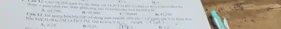 Cau 12. Cho 28 .000 gam Fe tác dụng với 14.874 lit khi
Cl_(2) khô (ở điều kiện chuẩn) thu được x gam chất rǎn. Biết phản ứng xảy ra hoàn toàn Giá trị của x là
C.
B. 65,000
D. 4.
70,600
D. 81,250
A. 63,500
hỗn hợp H_(2)SO_(4)
2M và HCl 1M Giá trị của V là	NMOH=1(mol)
Câu 13. Đề trung hòa hết 200 ml dung dịch NaOH
20% (D=1,2g/ml) cần V lit dung dịch
A. 0,24
B. 0.25
C. 10.3
D. 1.2