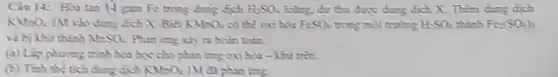 Cau 14: Hoa tan 13 gam Fe trong dung dich H_(2)SO_(4) king, du thu đạp dung dịch X. Thêm dung dich
KMnO_(4) 1M vào dung dịch X. Biết KMnO_(2) có thể oxi hóa FeSO_(4) trong môi trường H_(2)SO_(4) thành Fe_(2)(SO_(4))_(3)
và bị khứ thinh MnSO_(2) Phin umg xiy ra bodm todin.
(a) Lập phương trình hóa học cho phín ứng oxi hóa-khi trên.
(b) Tinh thể tich dung dịch KM=O_(4) IM đã phin ứng.