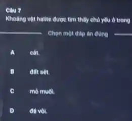 Cau ?
Khoang vật halite durge tìm thấy chủ yếu ở trong
__
Chọn một đilp din đúng
cát.
B đất set.
mò mu6l.
D đa vôi.