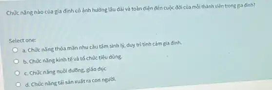 Chức nǎng nào của gia đình có ảnh hưởng lâu dài và toàn diện đến cuộc đời của mỗi thành viên trong gia đình?
Select one:
a. Chức nǎng thỏa mãn nhu cầu tâm sinh lý, duy trì tình cảm gia đình.
b. Chức nǎng kinh tế và tổ chúc tiêu dùng.
c. Chức nǎng nuôi dưỡng, giáo dục
d. Chức nǎng tái sản xuất ra con người.