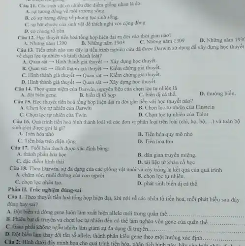 at chọn lực giống
Câu 11. Các sinh vật có nhiều đặc điểm giống nhau là do:
A. sự tương đồng về môi trường sống
B. có sự tương đồng về phong tục sinh sống.
C. sự bắt chước của sinh vật để thích nghi với cộng đồng
D. có chung tổ tiên
Câu 12. Học thuyết tiến hoá tổng hợp hiện đại ra đời vào thời gian nào?
D. Những nǎm 193
B. Những nǎm 1903
C. Những nǎm 1309
A. Những nǎm 1390
Câu 13. Tiến trình nào sau đây là tiến trình nghiên cứu đã được Darwin sử dụng để xây dựng học thuyết
về chọn lọc tự nhiên và hình thành loài?
A. Quan sát -Hình thành giả thuyết ­­­­→ Xây dựng học thuyết.
B. Quan sát -Hình thành giả thuyết ­­­­→ Kiềm chứng giả thuyết.
C. Hình thành giả thuyết ­­­­→ Quan sát ­­­­→ Kiểm chứng giả thuyết.
D. Hình thành giả thuyết ­­­­→ Quan sát ­­­­→ Xây dựng học thuyết.
Câu 14. Theo quan niệm của Darwin, nguyên liệu của chọn lọc tự nhiên là
D. thường biến.
A. đột biến gene.
B. biến dị tổ hợp.
C. biến dị cá thể.
Câu 15. Học thuyết tiến hoá tổng hợp hiện đại ra đời gắn liền với học thuyết nào?
A. Chọn lọc tự nhiên của Darwin
B. Chọn lọc tự nhiên của Einstein
C. Chọn lọc tự nhiên của Twin
D. Chọn lọc tự nhiên của Talor
Câu 16. Quá trình tiến hoá hình thành loài và các đơn vị phân loại trên loài (chi, họ, bộ,...) và toàn bộ
sinh giới được gọi là gì?
A. Tiến hóa nhỏ
B. Tiến hóa quy mô nhỏ
C. Tiến hóa trên diện rộng
D. Tiến hóa lớn
Câu 17. Tuổi hóa thạch được xác định bằng:
A. thành phần hóa học
B. dân gian truyền miệng.
C. đặc điềm hình thái
D. tài liệu từ khảo cổ học
Câu 18. Theo Darwin.sự đa dạng của các giống vật nuôi và cây trồng là kết quả của quá trinh
A. chǎm sóc, nuôi đưỡng của con người
B. chọn lọc tự nhiên.
C. chọn lọc nhân tạo.
D. phát sinh biến dị cá thể.
Phần II. Trắc nghiệm đúng-sai
Câu 1. Theo thuyết tiến hoá tổng hợp hiện đại, khi nói về các nhân tố tiến hoá, mỗi phát biểu sau đây
đúng hay sai?
A. Đột biến và dòng gene luôn làm xuất hiện allele mới trong quần thể........ __
B. Phiêu bạt đi truyền và chọn lọc tự nhiên đều có thể làm nghèo vốn gene của quần thể __
C. Giao phối không ngẫu nhiên làm giảm sự đa dạng di truyền....
__
D. Đột biến làm thay đổi tần số allele, thành phần kiểu gene theo một hướng xác định
__
Câu 2: Hình dưới đây minh họa cho quá trình tiến hóa . phân tích hình nà