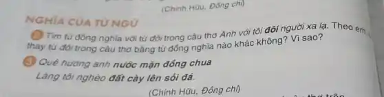 (Chính Hữu, Đồng chì)
(2) Tìm từ đồng nghĩa với từ đôi trong câu thơ Anh với tôi đôi người xa lạ.Theo em
thay từ đôi trong câu thơ bằng từ đồng nghĩa nào khác không? Vì sao?
(3) Quê hương anh nước mặn đồng chua
Làng tôi nghèo đất cày lên sỏi đá.
(Chính Hữu, Đồng chị)
NGHIA CUA TỪ NGỮ