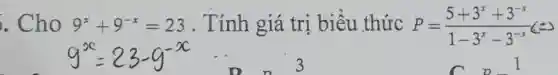 . Cho 9^x+9^-x=23 . Tính giá trị biểu thức P=(5+3^x+3^-x)/(1-3^x)-3^(-x) (2)
9^x=23-9^-x
__