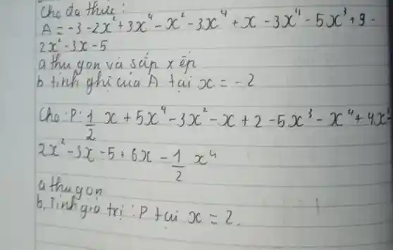 Cho da thue
[

A=-3-2 x^2+3 x^4-x^2-3 x^4+x-3 x^4-5 x^3+9- 
2 x^2-3 x-5

]
a thu gon và saip x êp
 b tinh ghi cua A tai x=-2 
Cho:P: (1)/(2) x+5 x^4-3 x^2-x+2-5 x^3-x^4+4 x^3 2 x^2-3 x-5+6 x-(1)/(2) x^4 
a thugon
b, Tinh gio tri: P tui x=2 .