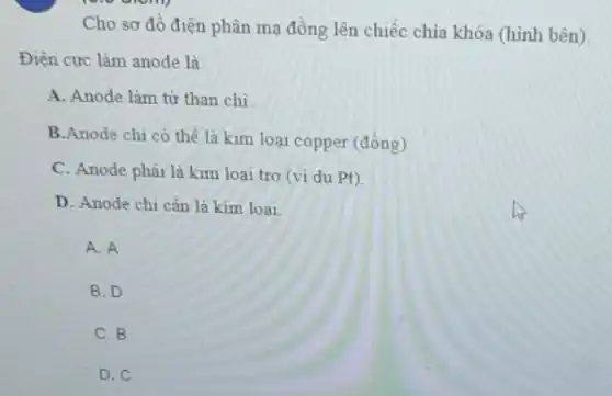 Cho sơ đồ điện phân mạ đồng lên chiếc chia khóa (hình bên)
Điện cực làm anode là
A. Anode làm từ than chi
B.Anode chi có thể là kim loai copper (đồng)
C. Anode phài là kim loại trơ (vi du Pt)
D. Anode chi cần là kim loai
C A. A
B. D
C. B
D.C