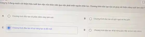 Công ty Z đang muốn cải thiện hiệu suất làm việc của nhân viên qua việc phát triển nguồn nhân lực. Chương trình đào tạo nào sẽ giúp cái thiện nǎng suất làm việc?
A
Chương trình đào tạo về phần mềm máy tính mới
B
Chương trình đào tạo về nghỉ ngơi và thư giãn
C
Chương trình đào tạo về sự sáng tạo và đối mới
D
Chương trình đào tạo về kỹ nǎng giao tiếp và làm việc nhóm