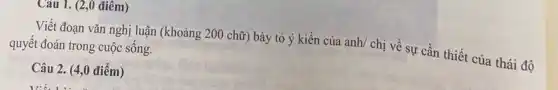 Câu 1. (2,0 điêm)
Viết đoạn vǎn nghị luận (khoảng 200 chữ)bày tỏ ý kiến của anh/ chị về sự cần thiết của thái độ quyết đoán trong cuộc sống.
Câu 2. (4,0 điểm)