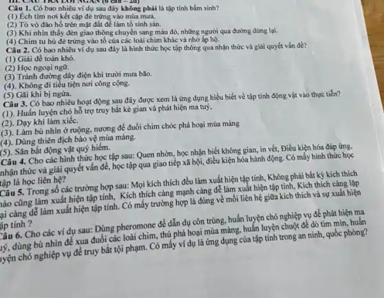 Câu 1. Có bao nhiêu vi dụ sau đây không phải là tập tính bầm sinh?
(1) Éch tìm nơi kết cặp đẻ trứng vào mùa mưa.
(2) Tò vò đào hố trên mặt đất để làm tổ sinh sản.
(3) Khi nhìn thấy đèn giao thông chuyển sang màu đỏ,những người qua đường dừng lại.
(4) Chim tu hú đẻ trứng vào tố của các loài chim khác và nhờ ấp hộ.
Câu 2. Có bao nhiêu ví dụ sau đây là hình thức học tập thông qua nhận thức và giải quyết vấn đề?
(1) Giải đề toán khó.
(2) Học ngoại ngữ.
(3) Tránh đường dây điện khi trười mưa bão.
(4). Không đi tiểu tiện nơi công cộng.
(5) Gãi khi bị ngứa.
Câu 3. Có bao nhiêu hoạt động sau đây được xem là ứng dụng hiểu biết về tập tính động vật vào thực tiễn?
(1). Huấn luyện chó hỗ trợ truy bắt kẻ gian và phát hiện ma tuý,
(2). Dạy khi làm xiếc.
(3). Làm bù nhìn ở ruộng.nương để đuổi chim chóc phá hoại mùa màng
(4). Dùng thiên địch bảo vệ mùa màng.
(5). Sǎn bắt động vật quý hiểm.
Câu 4. Cho các hình thức học tập sau: Quen nhờn, học nhận biết không gian in vết, Điều kiện hóa đáp ứng,
nhận thức và giải quyết vấn đề, học tập qua giao tiếp xã hội, điều kiện hóa hành động. Có mấy hình thức học
tập là học liên hệ?
Câu 5. Trong số các trường hợp sau:Mọi kích thích đều làm xuất hiện tập tính, Không phải bất kỳ kích thích
nào cũng làm xuất hiện tập tính, Kích thích càng mạnh càng dễ làm xuất hiện tập tính, Kích thích càng lặp
ại càng dễ làm xuất hiện tập tính.Có mấy trường hợp là đúng về mối liên hệ giữa kích thích và sự xuất hiện
âp tính ?
Câu 6. Cho các ví dụ sau: Dùng pheromone để dẫn dụ côn trùng, huấn luyện chó nghiệp vụ để phát hiện ma
lý, dùng bù nhìn để xua đuổi các loài chim, thú phá hoại mùa màng, huấn luyện chuột để dò tìm mìn,huấn
yện chó nghiệp vụ để truy bắt tội phạm. Có mấy ví dụ là ứng dụng của tập tính trong an ninh, quốc phòng?