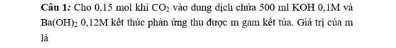 Câu 1: Cho 0 ,15 mol khí CO_(2) vào dung dịch chứa 500 ml KOH 0.1M và
Ba(OH)_(2) 0,12M kêt thúc phản ứng thu được m gam kết tủa. Giá trị của m
là