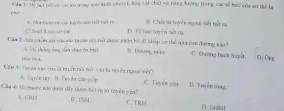 Câu 1: Hệ nộ tiết có vai trò trong quá trình chuyển hóa vật chất và nǎng lượng trong các tế bào của cơ thể là
nhờ
A. Hormone tư cac tuyến nội tiết tiết ra
B. Chất từ tuyến ngoại tiết tiết ra.
C) Sinh lí của cơ thê.
D Tế bào tuyến tiết ra.
Câu 2: Sản phẩm tiết của các tuyến nội tiết được phân bố đi khắp cơ thể qua con đường nào?
A. Hệ thống ống dẫn chuyên biêt
B. Đường máu
C. Đường bạch huyết.
D. Ông
tiêu hóa.
Câu 3: Tuyến nào vừa là tuyến nội tiết vừa là tuyến ngoại tiết?
A. Tuyên tuy. B.Tuyên cận giáp
.C. Tuyến yên.
D. Tuyến tùng.
Câu 4: Hormone nào dưới đây được tiết ra từ tuyến yên?
A. CRH
B. TSH.
C. TRH.
D. GnRH.