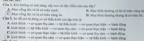 Câu 1. Khi không có ánh sáng, cây non có đặc điểm nào sau đây?
A. Mọc vống lên và lá có màu xanh.
B. Mọc bình thường và lá có màu vàng Ga
C. Mọc vống lên và lá có màu vàng úa.
D. Mọc bình thường nhưng lá có màu đó.
Câu 2. Sơ đồ mô tả đúng cơ sở thần kinh của tập tính là
A. kích thích ­­­­→cơ quan thụ cảm ­­­­→ hệ thần kinh ­­­­→ cơ quan thực hiện ­­­­→ hành động
B. kích thích ­­­­→hệ thân kinh ­­­­→cơ quan thụ cảm > cơ quan thực hiện ­­­­→ hành động
C.kích thích ­­­­→ cơ quan thực hiện>>hệ thần kinh ­­­­→cơ quan thụ cảm ­­­­→ hành động
D. kích thích +cơ quan thụ cảm ­­­­→ cơ quan thực hiện ­­­­→ hệ thần kinh ­­­­→ hành động