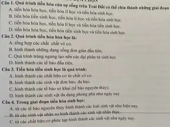 Câu 1. Quá trình tiến hóa của sự sống trên Trái Đất có thế chia thành những giai đoạn
A. tiến hóa hóa học, tiến hóa lí học và tiến hóa sinh họC.
B. tiến hóa tiền sinh học, tiến hóa lí học và tiến hóa sinh họC.
C. tiến hóa hóa học, tiến hóa lí học và tiến hóa tiền sinh họC.
D. tiến hóa hóa học, tiến hóa tiền sinh học và tiến hóa sinh họC.
Câu 2. Quá trình tiến hóa hóa học là:
A. tổng hợp các chất chất vô cơ.
B. hình thành những dạng sống đơn giản đầu tiên.
C. Quá trình trùng ngưng tạo nên các đại phân tử sinh học
D. hình thành các tế bào đầu tiên.
Câu 3. Tiến hóa tiền sinh học là quá trình:
A. hình thành các chất hữu cơ từ chất vô cơ.
B. hình thành các sinh vật đơn bào đa bào.
C. hình thành các tế bào sơ khai (tế bào nguyên thủy).
D. hình thành các sinh vật đa dạng phong phú như ngày nay.
Câu 4. Trong giai đoạn tiến hóa sinh học:
A. từ các tế bào nguyên thủy hình thành các loài sinh vật như hiện nay.
__
programme
C. từ các chất hữu cơ phức tạp hình thành các sinh vật như ngày nay.