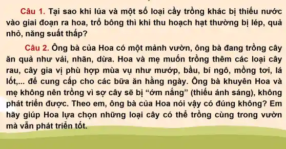 Câu 1. Tại sao khí i lúa và một số loai cầy , trông khác bi thiếu nước
vào giai i đoan ra ho a, trổ bông thì khí thu hoạch hat : thường bị | lép,quả
nhỏ , nǎng suấ t thấp?
Câu 2. Ông bà của Hoa có một mảnh ) vườn,ông bà đang trồng cây
ǎn quả như vải,nhãn,dừa.Hoa và mẹ muôn 1 trồng thêm cá c loa i cây
rau , cây gia vị phù hợp mù a vu như mướ 0, bầu 1. bi í ngô,mồn g tơi , lá
lốt. __ để cung cấp cho các bữa ǎn hằng ngày. Ông bà khuyên I Hoa và
me không nên trồng vì sợ cây sẽ bi *ớm nắng"(thiếu ánh sáng), không
phát triển được.Theo em,ông bà của Hoa nói vậy có đúng không ? Em
hãy giúp Hoa lự a chọn nhữn loại cây có thể trồng cùng trong vườn
mà vẫn phá t triển tốt.