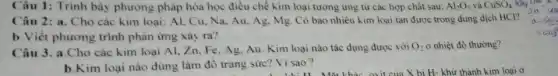 Câu 1: Trình bày phương pháp hóa học điều chế kim loại tương ứng từ các hợp chất sau: Al_(2)O_(3) và CuSO_(4).
Câu 2: a. Cho các kim loại: Al.Cu, Na, Au, Ag Mg. Có bao nhiêu kim loại tan được trong dung dịch HCl?
b.Viết phương trình phản ứng xảy ra?
Câu 3. a.Cho các kim loại Al, Zn Fe. Ag, Au. Kim loại nào tác dụng được với O_(2) ở nhiệt độ thường?
b.Kim loại nào dùng làm đô trang sức? Vì sao?