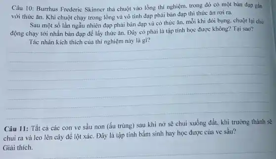 Câu 10: Burrhus Frederic Skinner thả chuột vào lồng thí nghiệm, trong đó có một bàn đạp gắn
với thức ǎn. Khi chuột chạy trong lồng và vô tình đạp phải bàn đạp thì thức ǎn rơi ra.
Sau một số lần ngẫu nhiên đạp phải bàn đạp và có thức ǎn, mỗi khi đói bụng, chuột lại chủ
động chạy tới nhấn bàn đạp để lấy thức ǎn. Đây có phải là tập tính học được không? Tại sao?
là gì?
__
Câu 11: Tất cả các con ve sầu non (ấu trùng) sau khi nở sẽ chui xuống đất, khi trưởng thành sẽ
chui ra và leo lên cây để lột xác. Đây là tập tính bẩm sinh hay học được của ve sầu?
Giải thích.