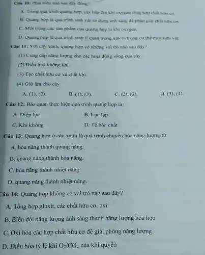 Câu 10: Phát biểu nào sau đây đùng?
A. Trong quá trình quang hợp, cây hấp thụ khi oxygen tổng hợp chất hou co
B. Quang hop là quá trình sinh vật sử dụng ảnh sáng đề phân giai chất hữu co.
C. Một trong các sản phẩm của quang hợp là khi oxygen.
D. Quang hợp là quá trình sinh lí quan trọng xảy ru trong co the moi sinh vật
Câu 11: Với cây xanh, quang hợp có nhừng vai trò nào sau đây?
(1) Cung cấp nǎng lượng cho các hoạt động sống của cây
(2) Điều hoà không khí.
(3) Tạo chất hữu cơ và chất khí.
(4) Giữ ấm cho cây.
A. (1), (2).
B. (1), (3)
C. (2), (3).
D. (3),4).
Câu 12: Bào quan thực hiện quá trình quang hợp là:
A. Diệp lục
B. Luc lạp
C. Khí khồng
D. Tế bào chất
Câu 13: Quang hợp ở cây xanh là quá trình chuyển hóa nǎng lượng từ
A. hóa nǎng thành quang nǎng.
B. quang nǎng thành hóa nǎng.
C. hóa nǎng thành nhiệt nǎng.
D. quang nǎng thành nhiệt nǎng.
Câu 14: Quang hợp không có vai trò nào sau đây?
A. Tổng hợp gluxit, các chất hữu cơ, oxi
B. Biến đổi nǎng lượng ánh sáng thành nǎng lượng hóa học
C. Oxi hóa các hợp chất hữu cơ để giải phóng nǎng lượng
D. Điều hòa tỷ lệ khí O_(2)/CO_(2) của khí quyền