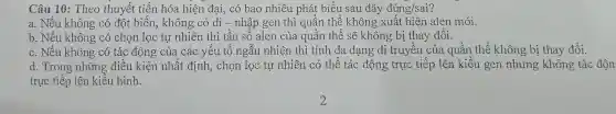 Câu 10: Theo thuy ết tiến hóa hiện đại,có bao nhi êu phát biểu sau đâ:y đúr glsai?
alen mới.
b. Nếu không có chọn lọc tự nhiên thì tần số alen của quần thể sẽ không bị thay đổi.
c. Nết 1 không có tác động của các vếu tố ngẫu chiến thì tính đa dạng đi truyề n của quần thể khá ng bị thay đổi.
d.Nếu không có thể kinh nhất đ inh, chọt lọc tự n]hiên có thể tác động trực tiếp lên kiể u ger nhun ng tác độn
trực tiếp lên kiểu hình.