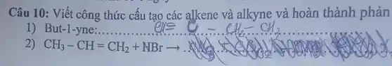 Câu 10: Viết công thức cấu tạo các alkene và alkyne và hoàn thành phản
1) But-1-yne:........
2) CH_(3)-CH=CH_(2)+NBrarrow