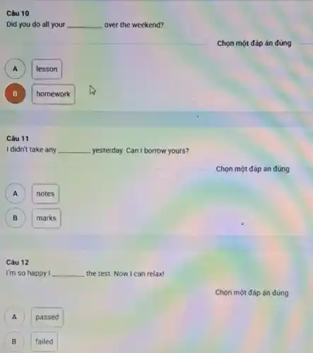 Câu 10
Did you do all your __ over the weekend?
Chọn một đáp án đúng
A
".
lesson
B )
homework
Câu 11
I didn't take any __ yesterday. Can I borrow yours?
Chọn một đáp án đúng
A A
notes
B B
marks
Câu 12
I'm so happy I __ the test. Now I can relax!
Chọn một đáp án đúng
A
passed
B
failed