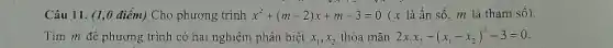 Câu 11. (1,0 điểm) Cho phương trình x^2+(m-2)x+m-3=0 ( x là ẩn số m là tham số).
Tìm m để phương trình có hai nghiệm phân biệt x_(1),x_(2) thỏa mãn 2x_(1)x_(2)-(x_(1)-x_(2))^2-3=0